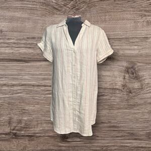 Maven West Linen Striped Tan Red Cream Short Sleeve Shirt Dress Striped XS